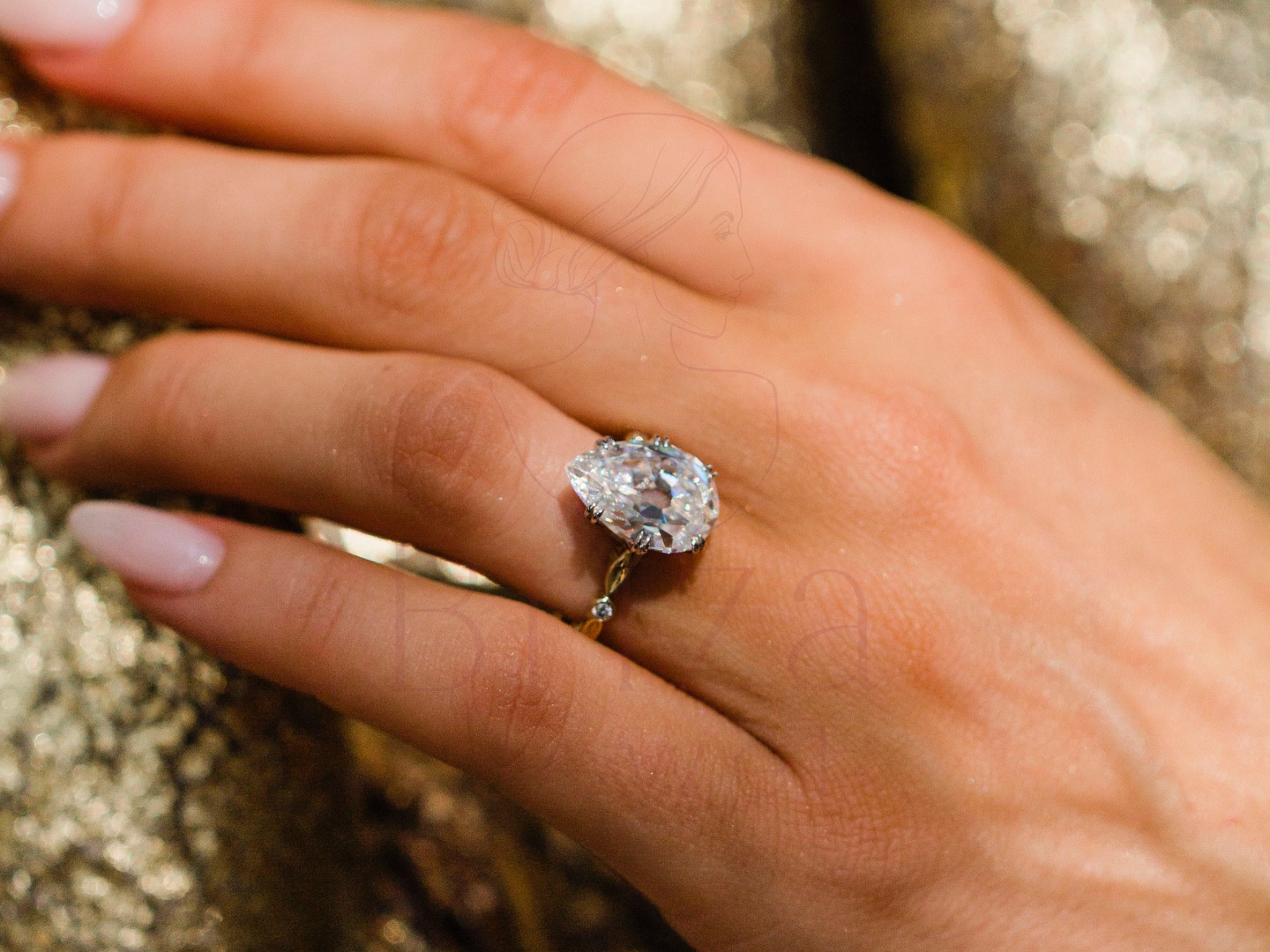 Pear Shaped Diamond Wedding Ring with Yellow Gold Solitaire