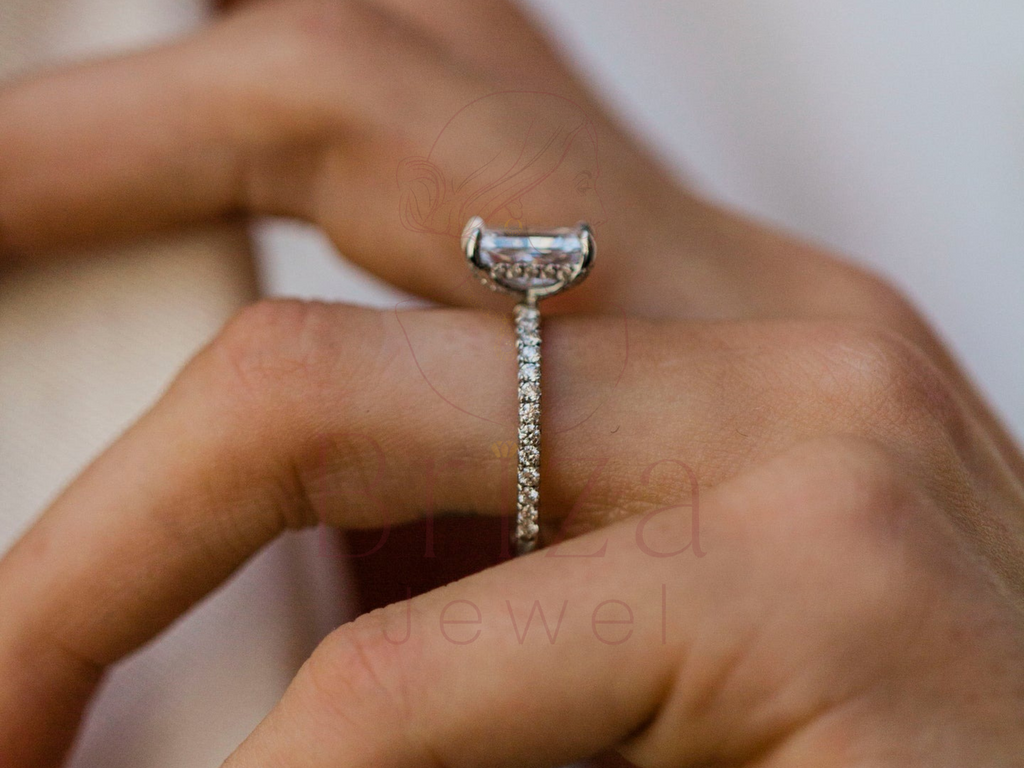 Radiant Cut Engagement Ring | Gold Pave Band Bridal Ring