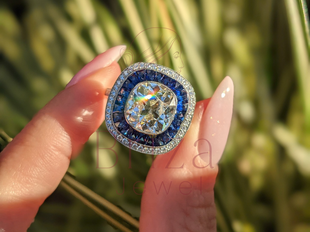 Cushion Cut Halo Engagement Ring with Blue Sapphire Accents