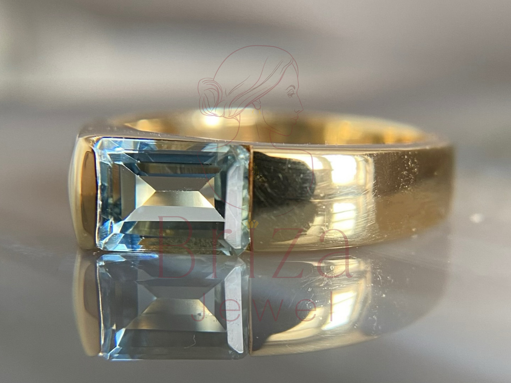 Lab Grown Emerald Cut Diamond with Blue Moissanite Ring
