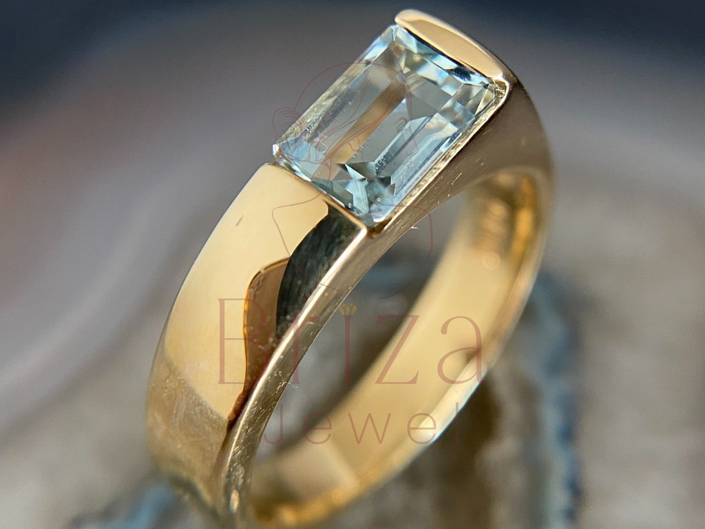 Lab Grown Emerald Cut Diamond with Blue Moissanite Ring