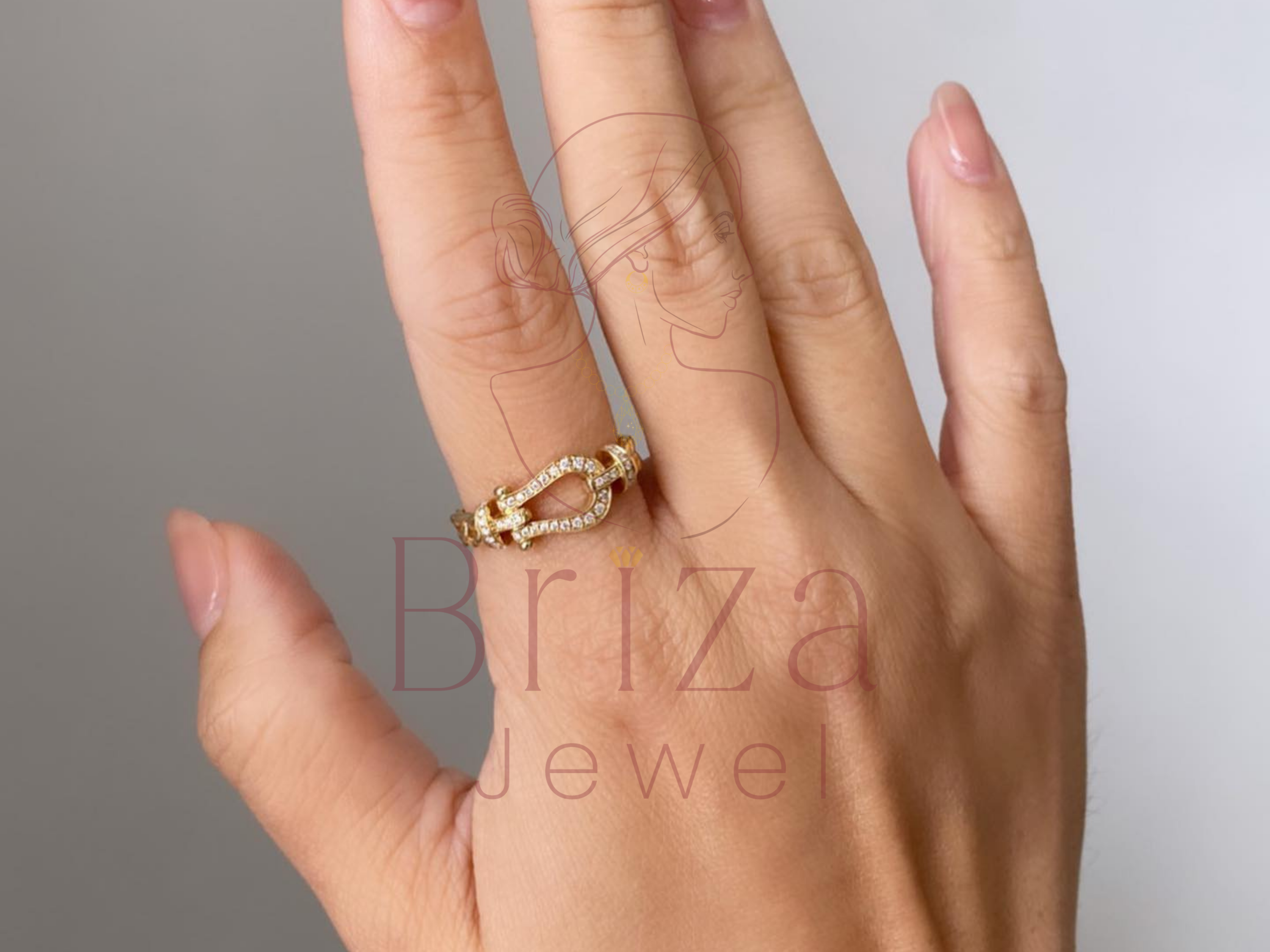 14k gold buckle-style ring with pavé diamond accents