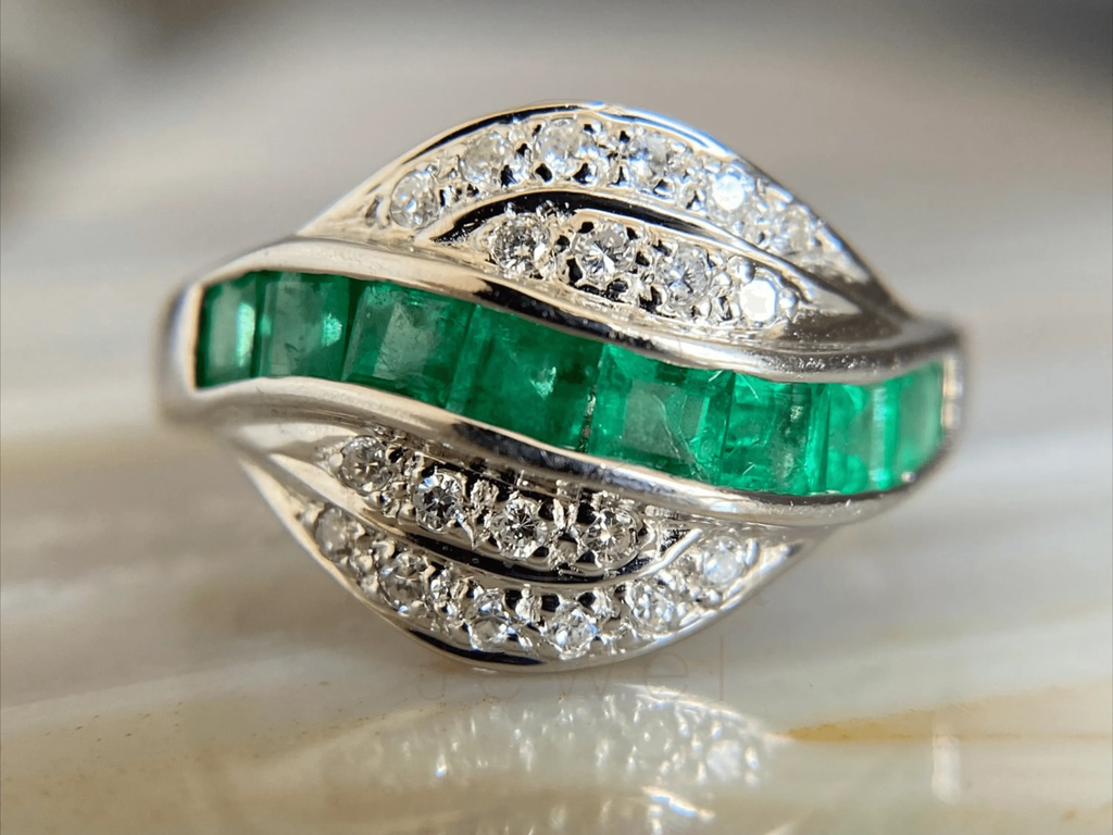 Cocktail Diamond Ring | White Gold Vintage Emerald Ring
