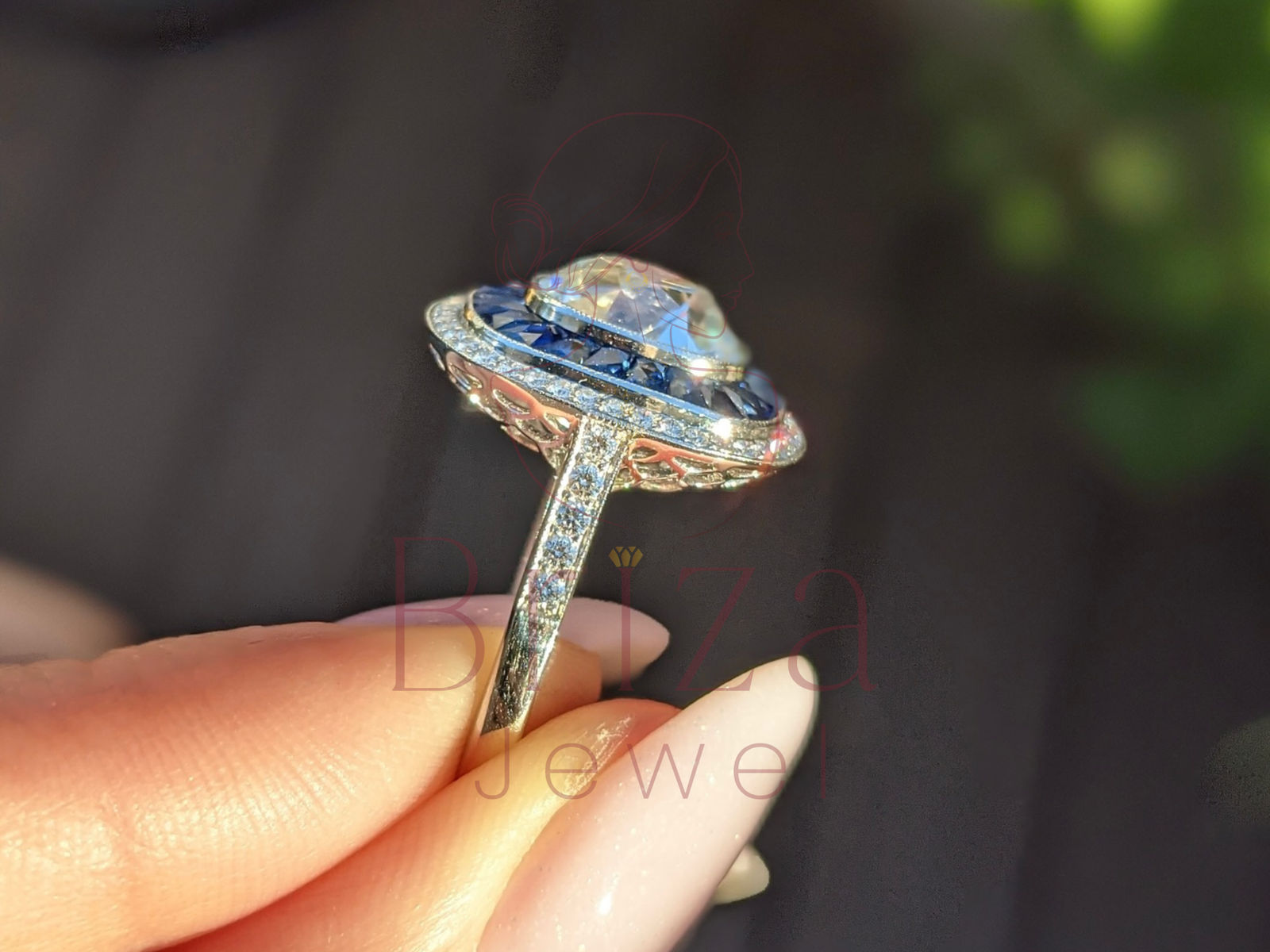 Cushion Cut Halo Engagement Ring with Blue Sapphire Accents