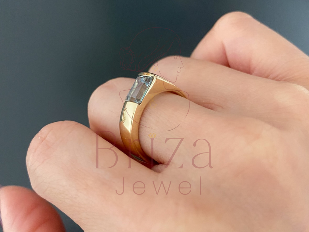 Lab Grown Emerald Cut Diamond with Blue Moissanite Ring