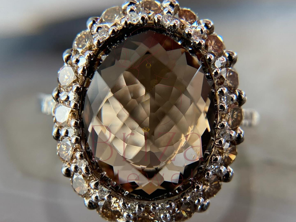 Unique Engagement Ring | Vintage Smoky Quartz Halo Silver Ring