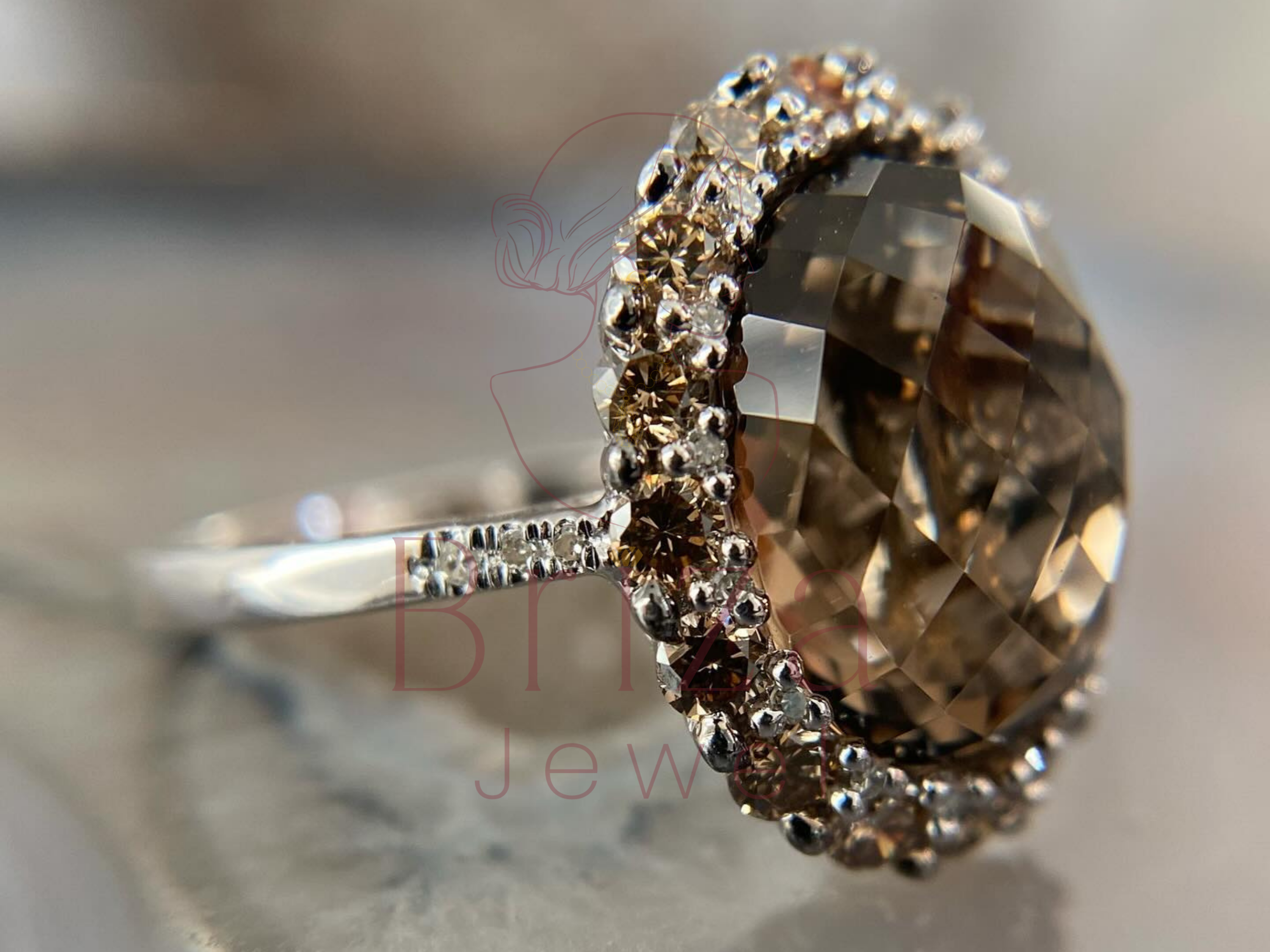 vintage silver jewelry with dark quartz center and halo accents