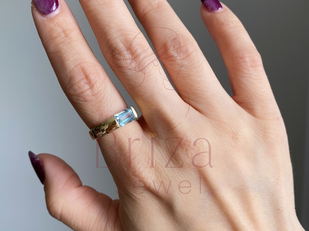 Lab Grown Emerald Cut Diamond with Blue Moissanite Ring