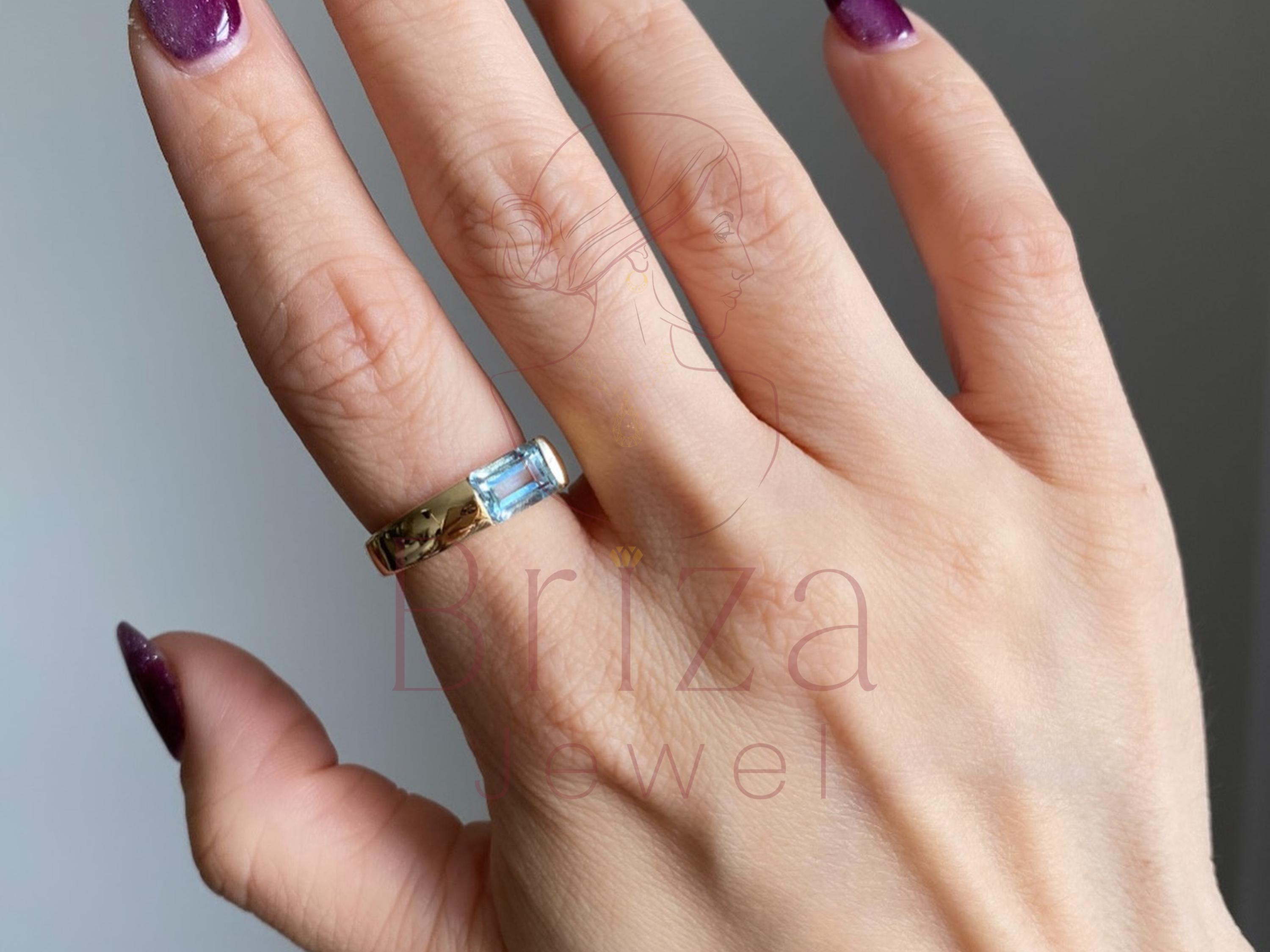 Lab Grown Emerald Cut Diamond with Blue Moissanite Ring