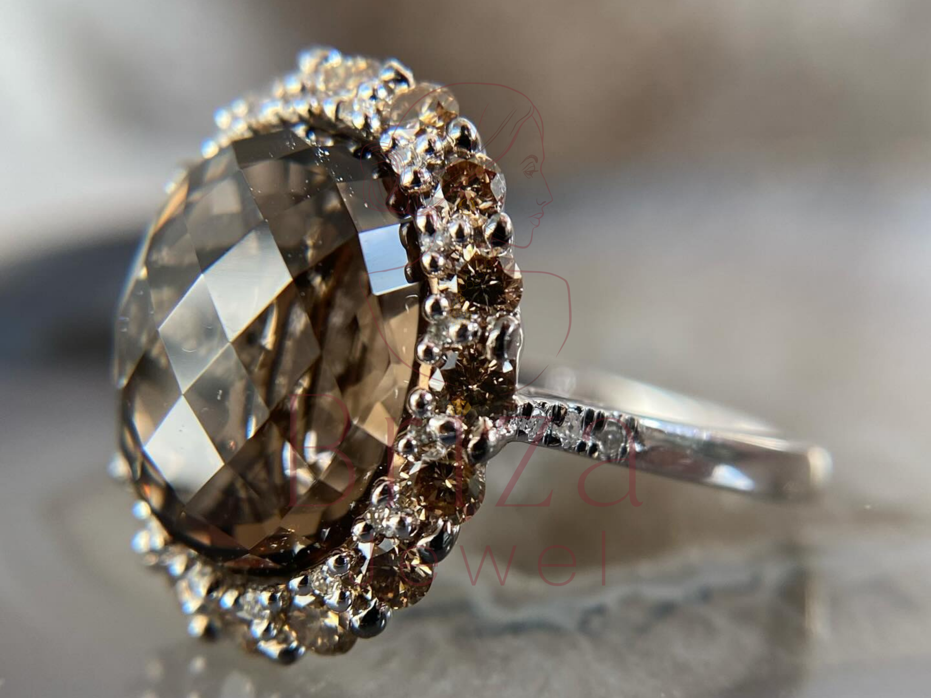 side view of silver setting with raised halo design