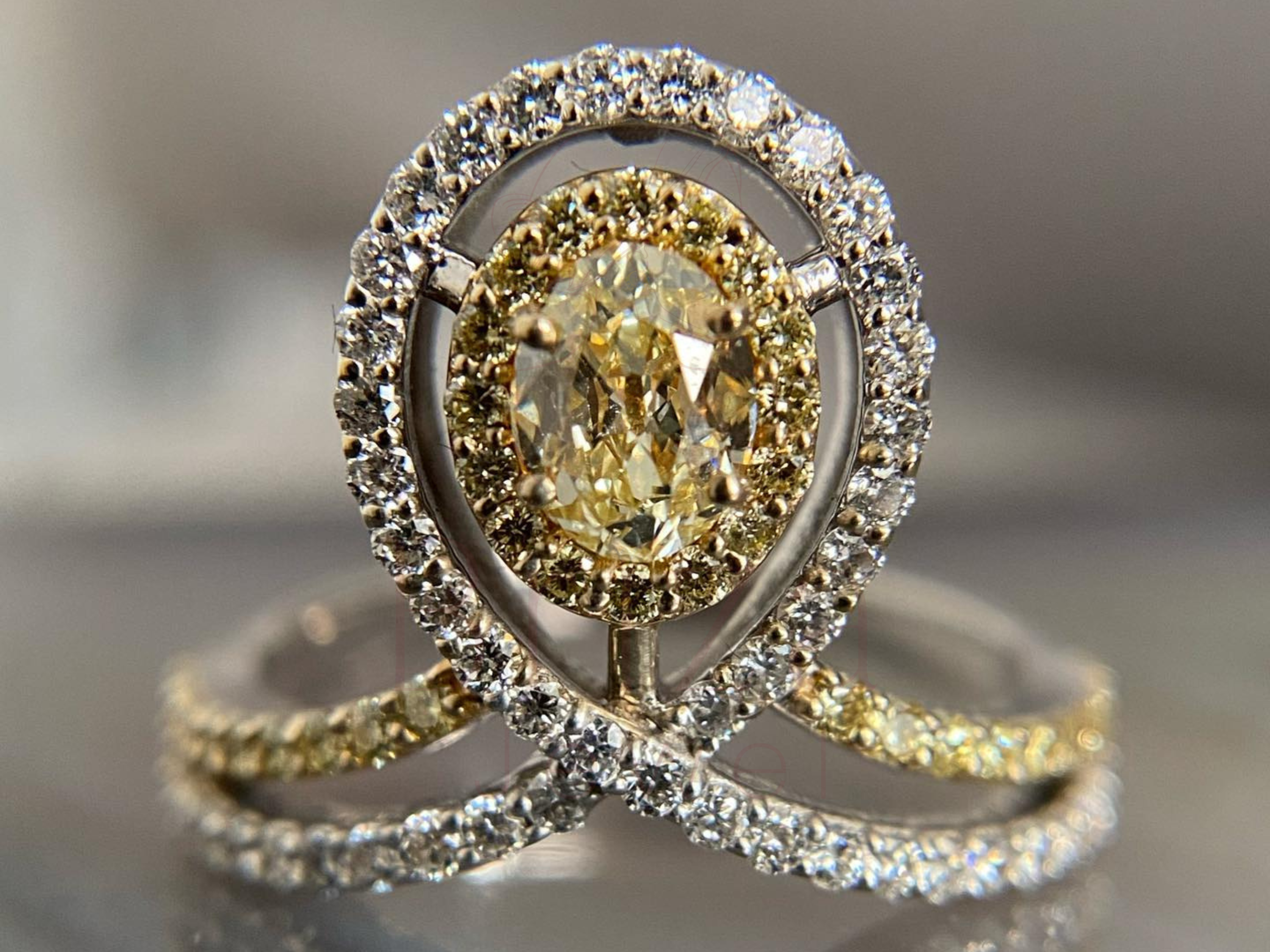 lab grown diamond ring with yellow diamond halo split shank design