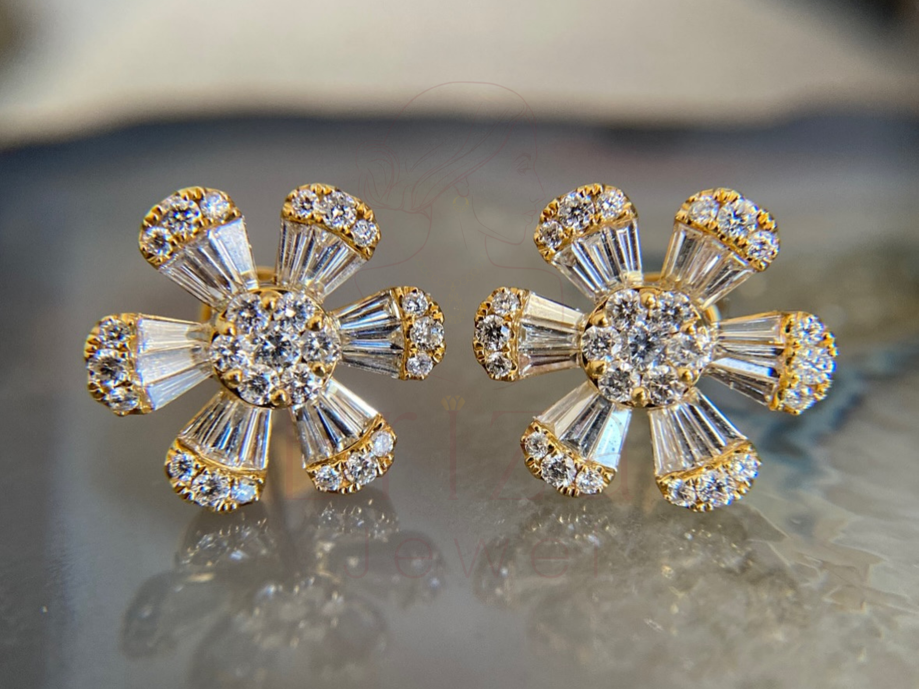 Diamond Flower Earrings with Elegant Gold Floral Design