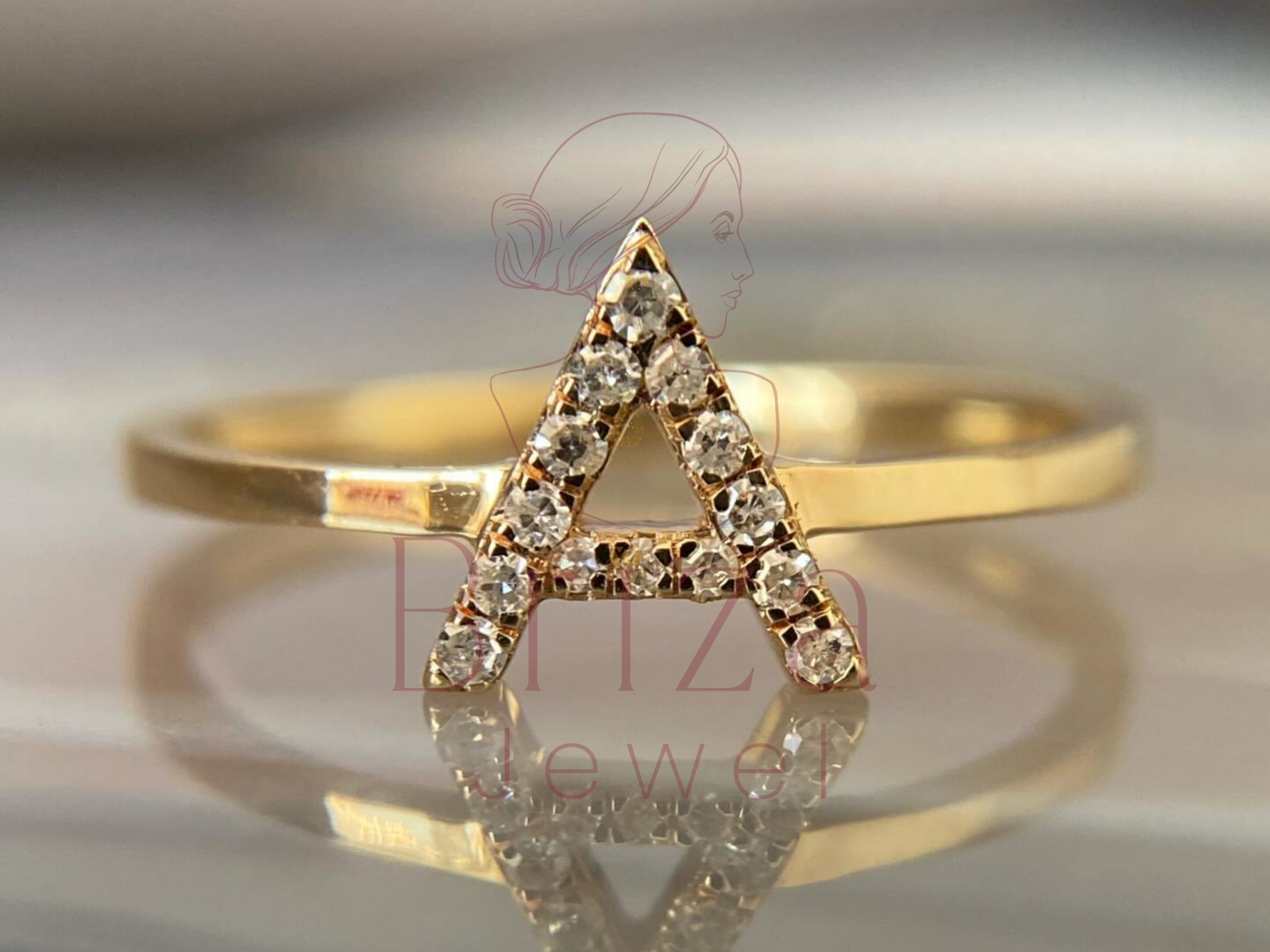 letter ring with personalized moissanite initial in gold