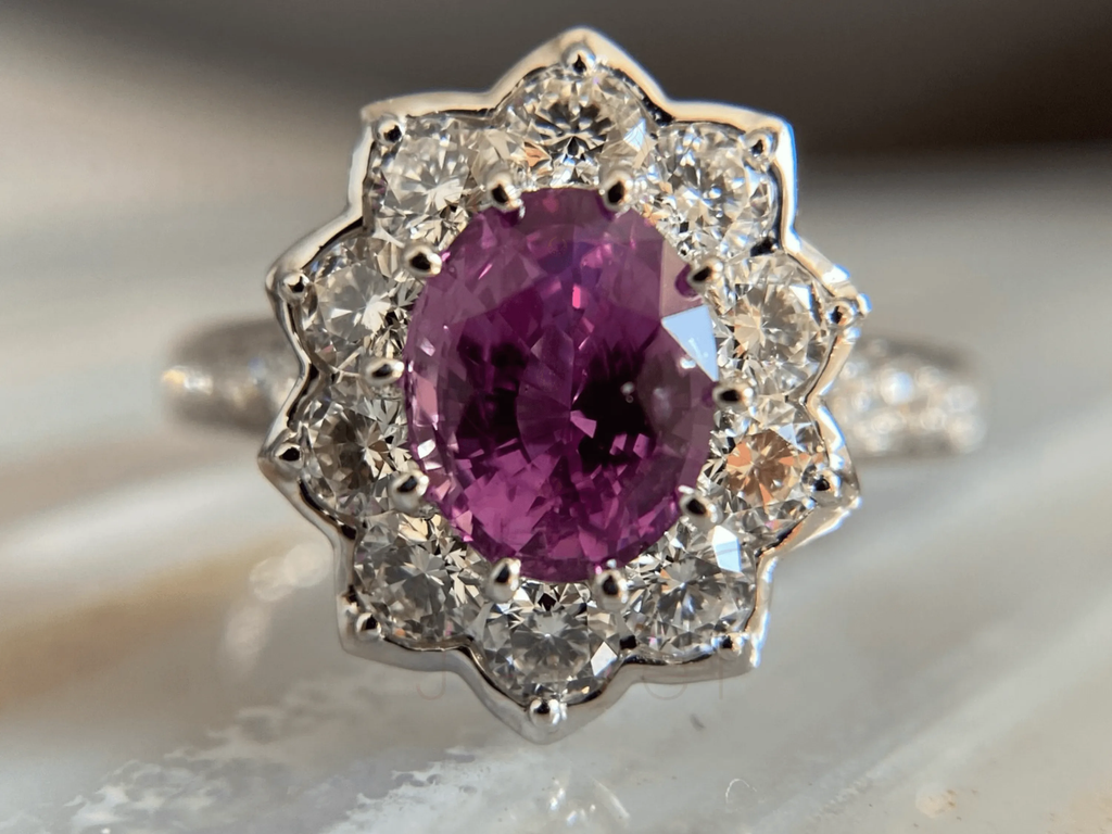 Pink Sapphire Band with Diamond Halo | Luxury Engagement Ring