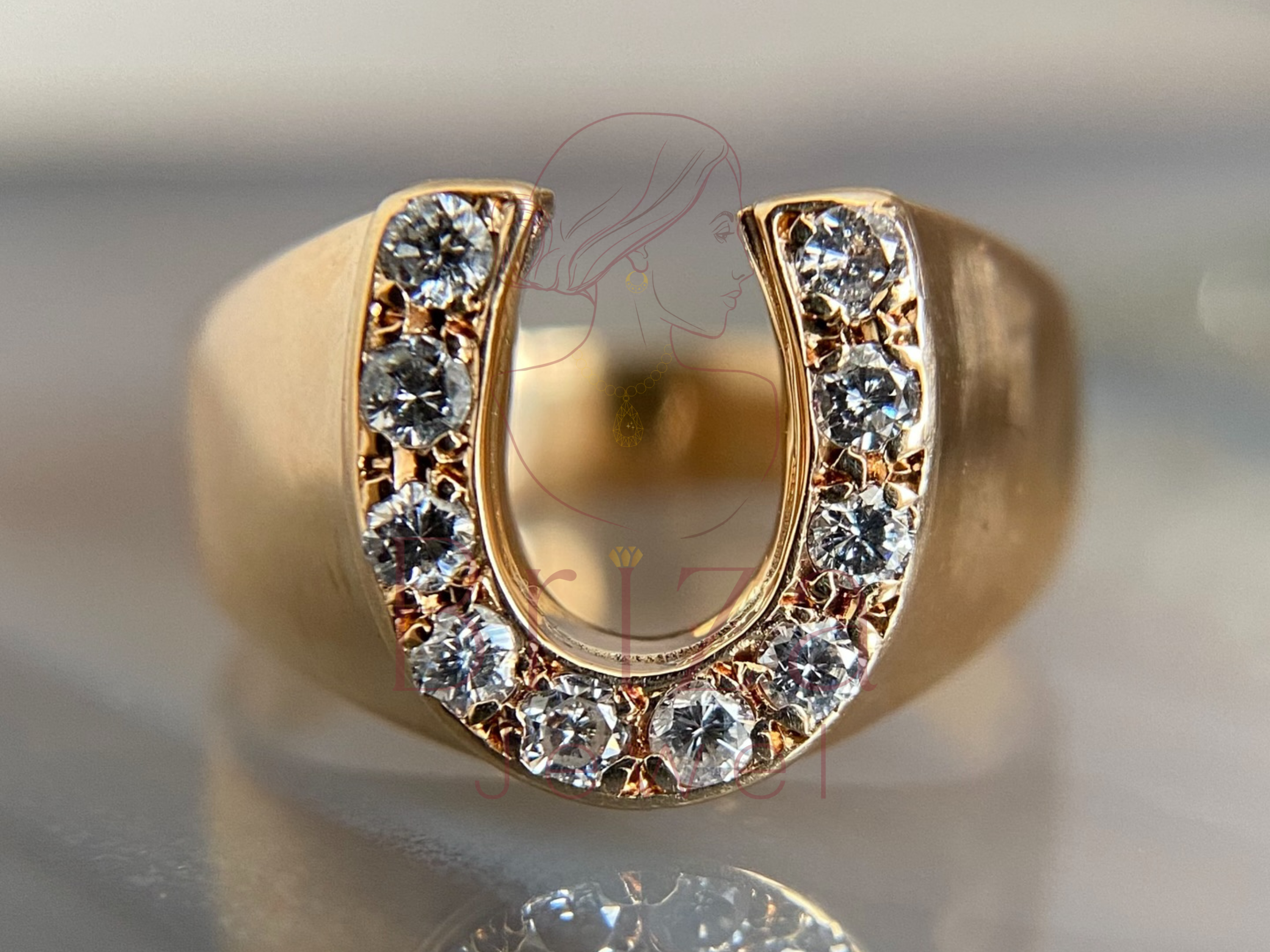 gold horseshoe ring with lab diamond lucky statement design