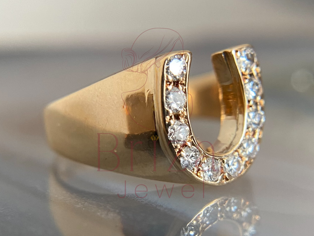 Gold Horseshoe Ring with Lab Diamond Lucky Statement Jewelry