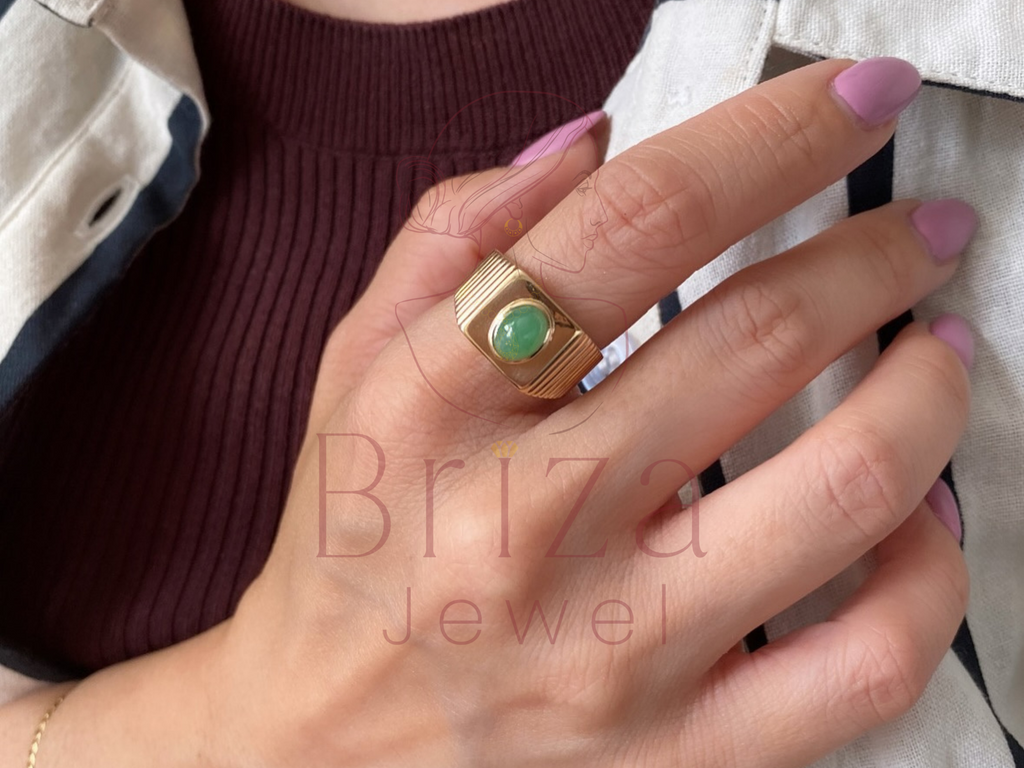 Green Jade Ring | Vintage Gold Signet Ring for Men & Women