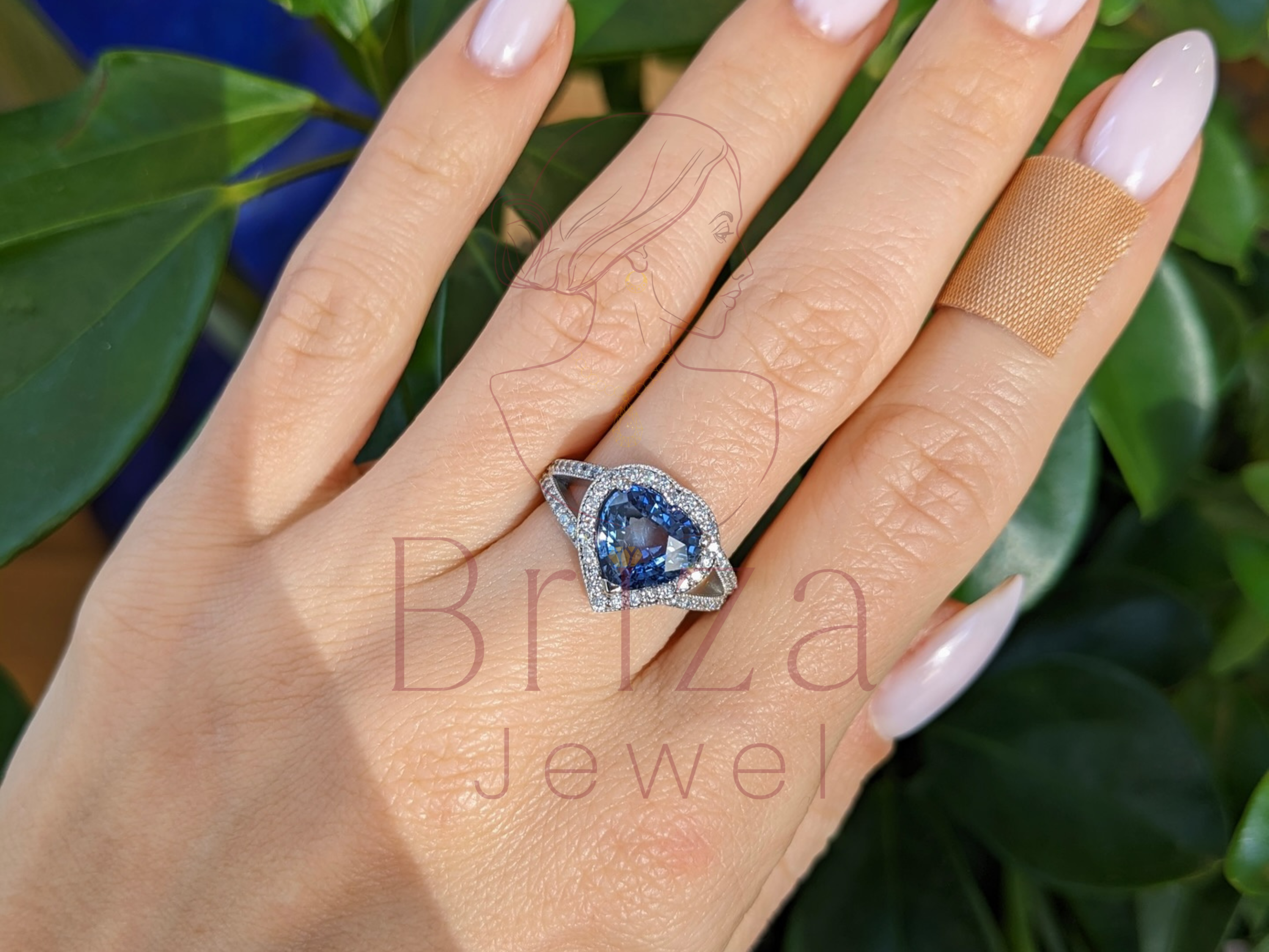 heart-shaped gemstone ring close-up with sparkling details
