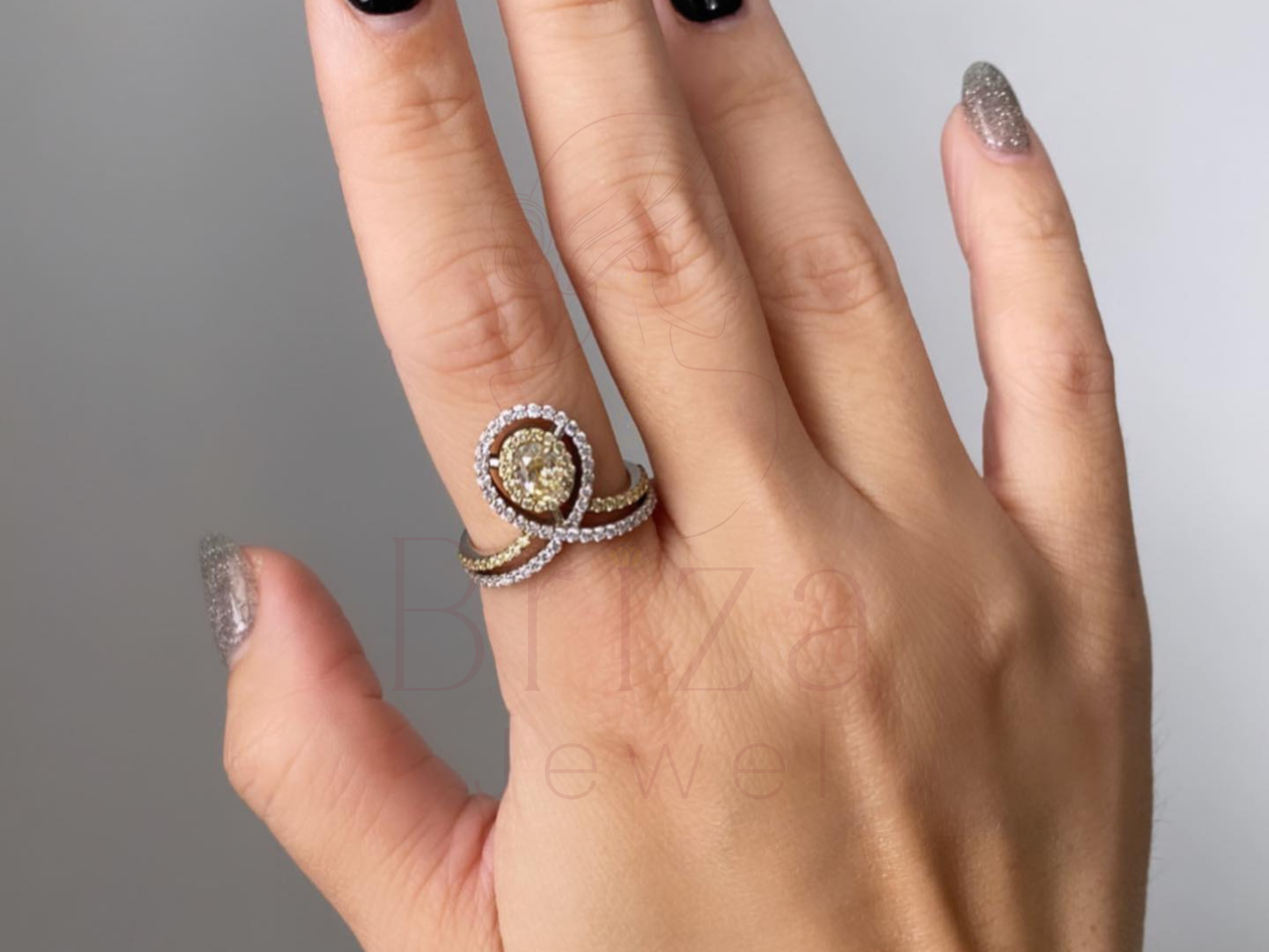 lab grown diamond ring close-up showing yellow halo detail