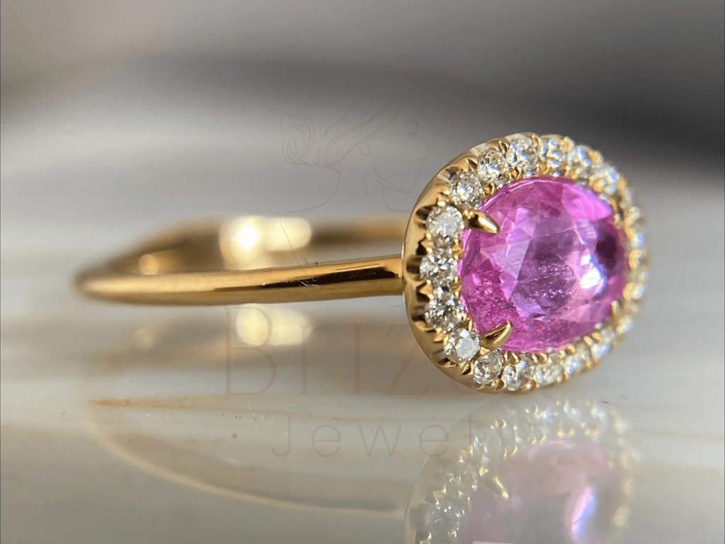 Pink Sapphire Eternity Band with Diamond Halo in Yellow Gold