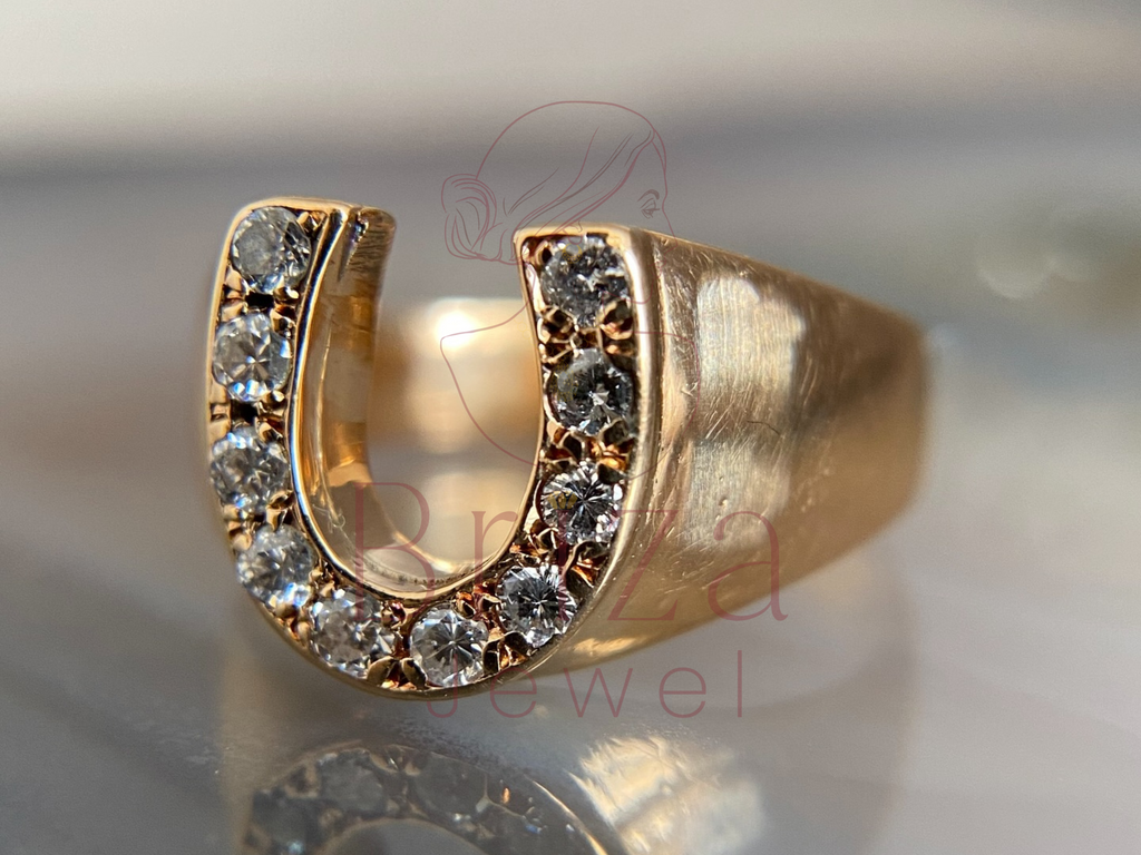 Gold Horseshoe Ring with Lab Diamond Lucky Statement Jewelry