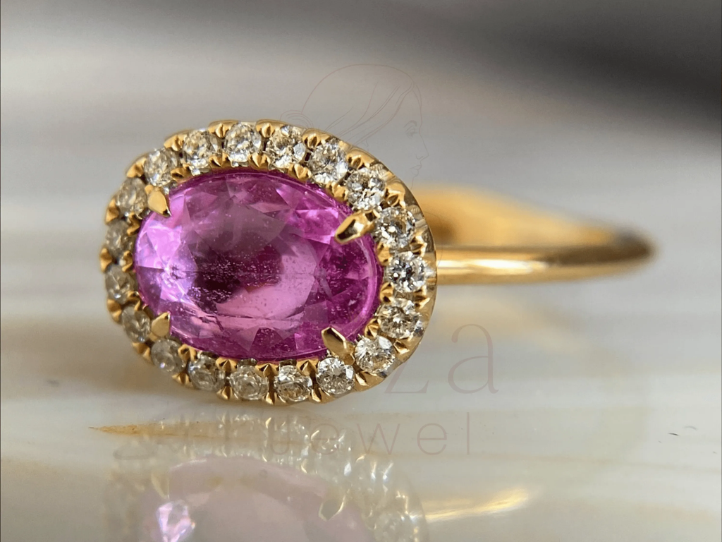 Pink Sapphire Eternity Band with Diamond Halo in Yellow Gold