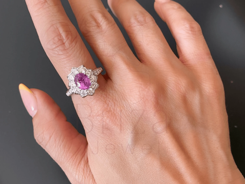 Pink Sapphire Band with Diamond Halo | Luxury Engagement Ring