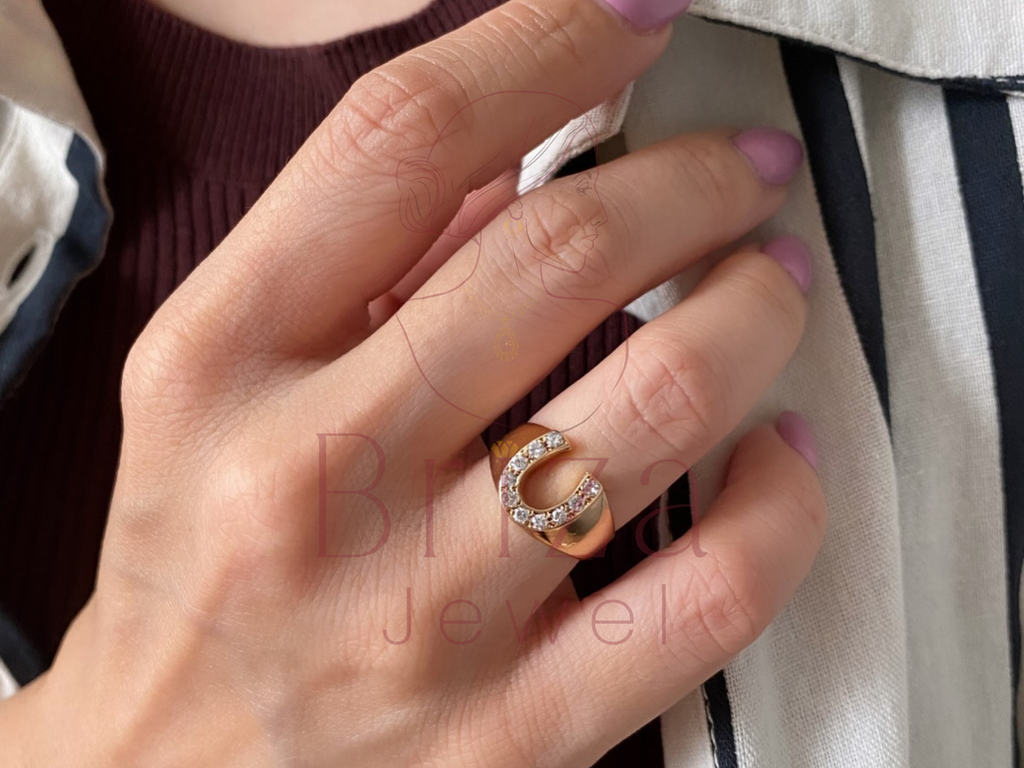Gold Horseshoe Ring with Lab Diamond Lucky Statement Jewelry