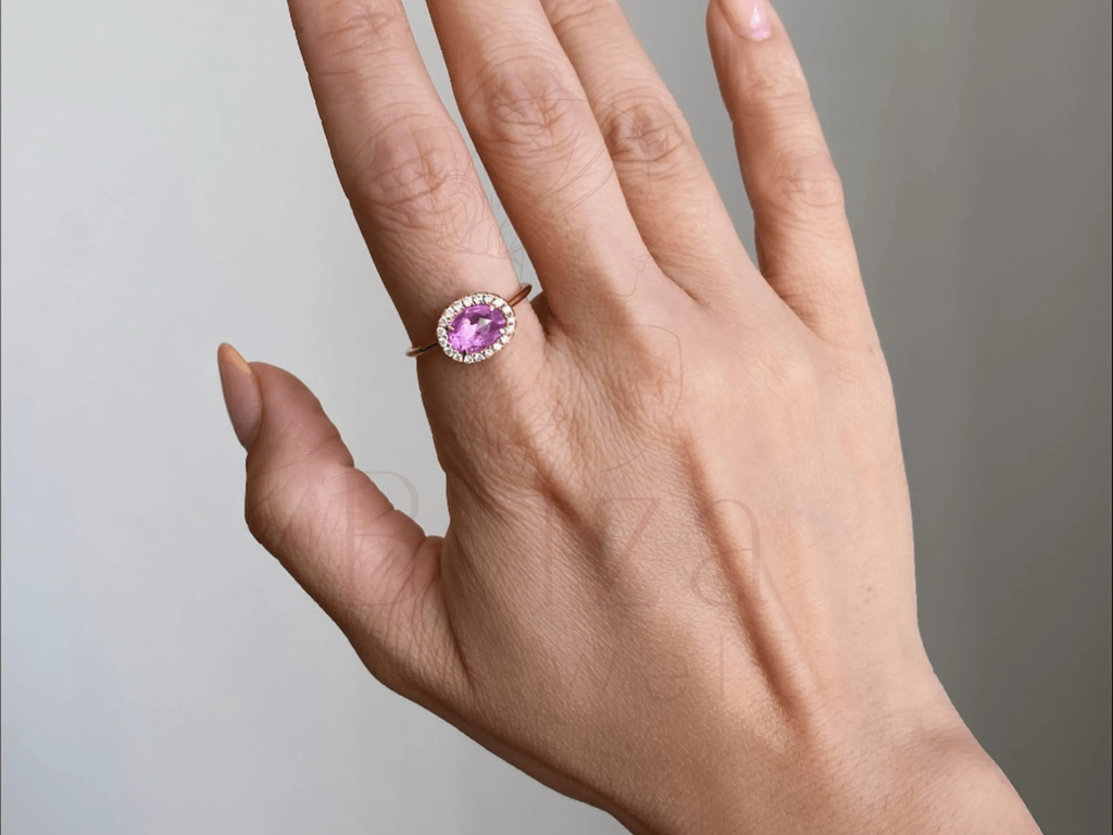 Pink Sapphire Eternity Band with Diamond Halo in Yellow Gold