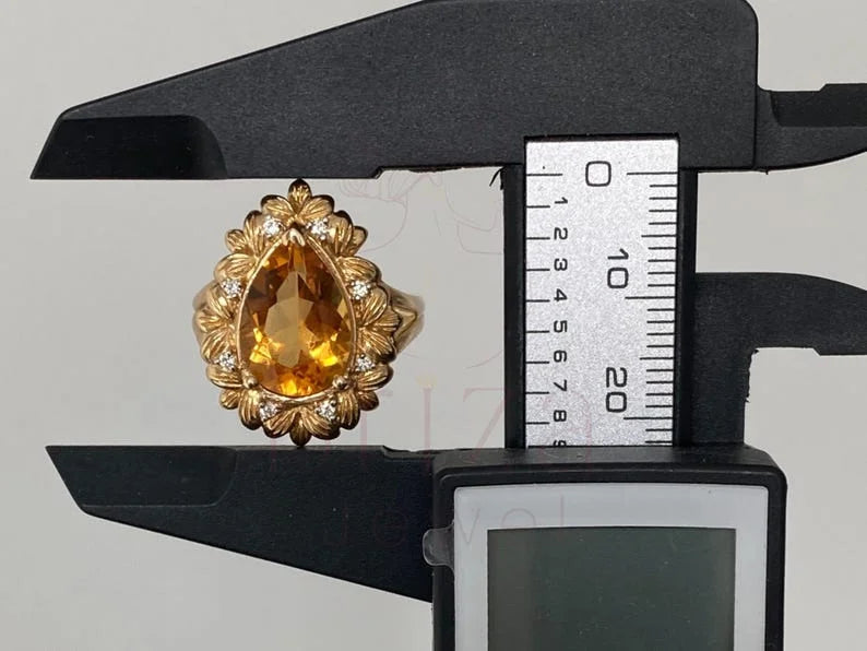 Pear Cut Citrine Ring - Yellow Gold Diamond Vintage | Briza Jewel