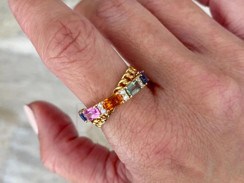 Rainbow Sapphire Ring - Emerald Cut Diamond | Briza Jewel