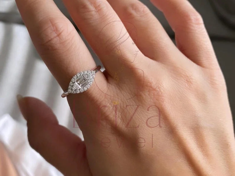 Baguette Ring Band - Lab Grown 14K White Gold Marquise Diamond Cluster | Briza Jewel