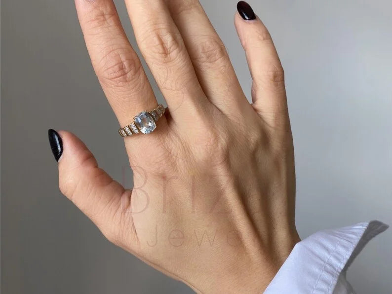 Cushion Engagement Ring - Gold Aquamarine | Briza Jewel