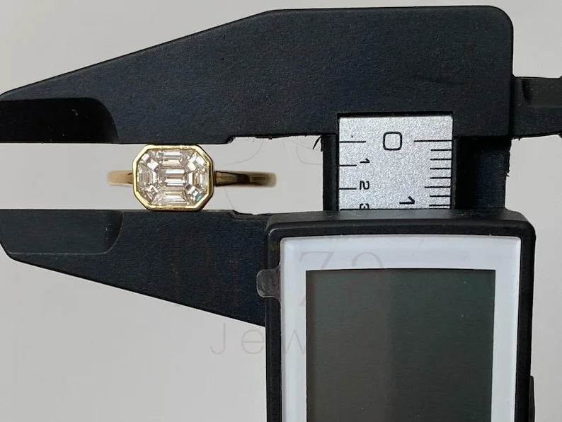 Engagement Ring With Bezel Setting - 14K Gold Emerald Cut Diamond | Briza Jewel