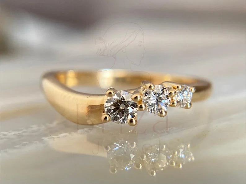3 Stone Wedding Ring - 14K Gold Diamond Minimalist | Briza Jewel