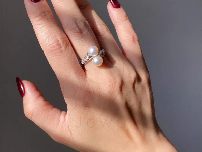 Pearl Silver Ring with Double Pearl Elegant Style | Briza Jewel