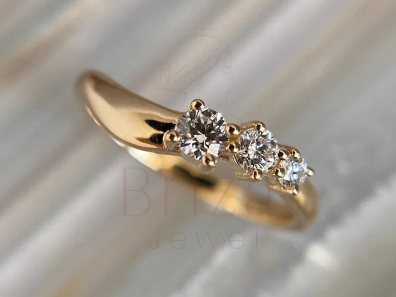 3 Stone Wedding Ring - 14K Gold Diamond Minimalist | Briza Jewel