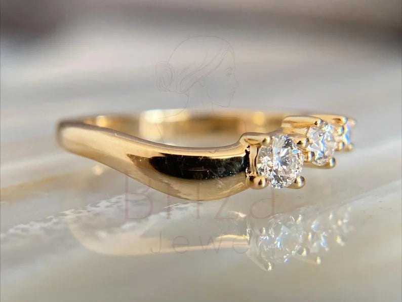 3 Stone Wedding Ring - 14K Gold Diamond Minimalist | Briza Jewel