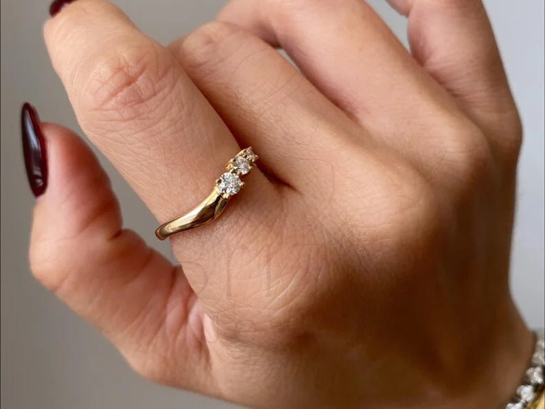 3 Stone Wedding Ring - 14K Gold Diamond Minimalist | Briza Jewel