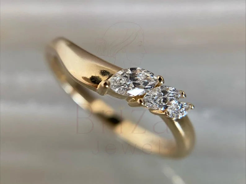 Three Stone Wedding Ring - Lab Grown 14K Gold Marquise Diamond | Briza Jewel
