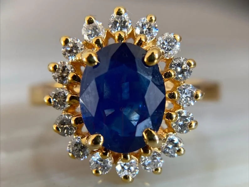 Blue Sapphire Halo Ring - 18K Gold Oval Diamond Vintage | Briza Jewel