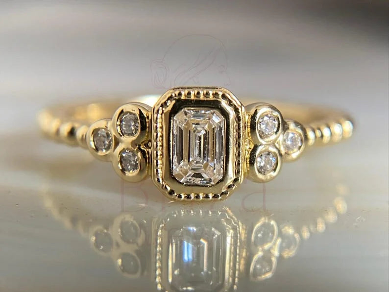 Vintage Emerald Cut Diamond Ring • 14K Gold Art Deco Bridal Ring | Briza Jewel