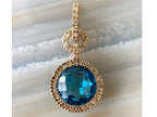 Blue Topaz Pendant - 14k Yellow Gold Diamond Halo Necklace | Briza Jewel