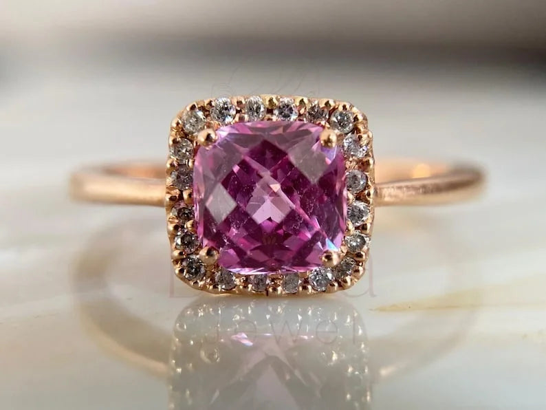 Cushion Cut Topaz Ring - Rose Gold Diamond Halo | Briza Jewel