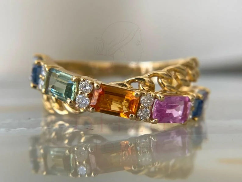 Rainbow Sapphire Ring - Emerald Cut Diamond | Briza Jewel