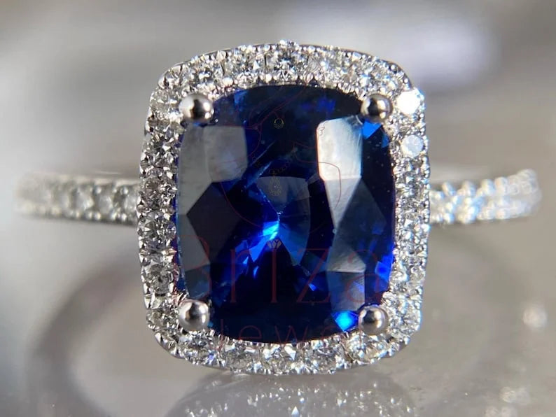 Blue Sapphire Engagement Ring - White Gold Cushion Halo | Briza Jewel