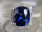Blue Sapphire Engagement Ring - White Gold Cushion Halo | Briza Jewel
