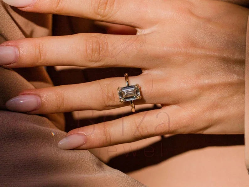 Emerald Wedding Band - Lab Grown Gold Emerald Cut Diamond Ring | Briza Jewel