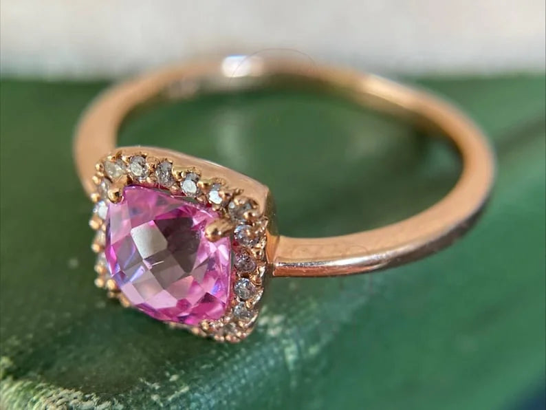 Cushion Cut Topaz Ring - Rose Gold Diamond Halo | Briza Jewel