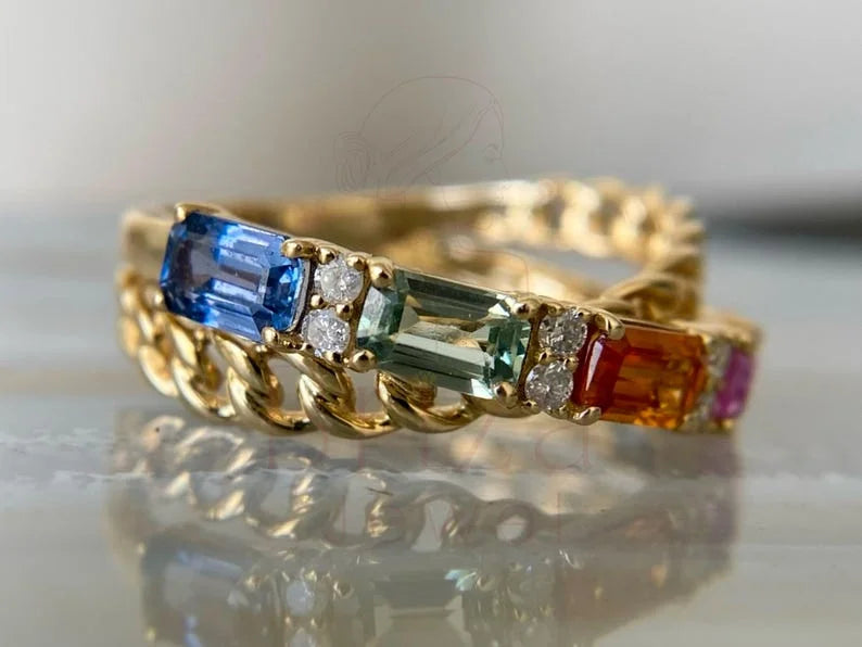 Rainbow Sapphire Ring - Emerald Cut Diamond | Briza Jewel